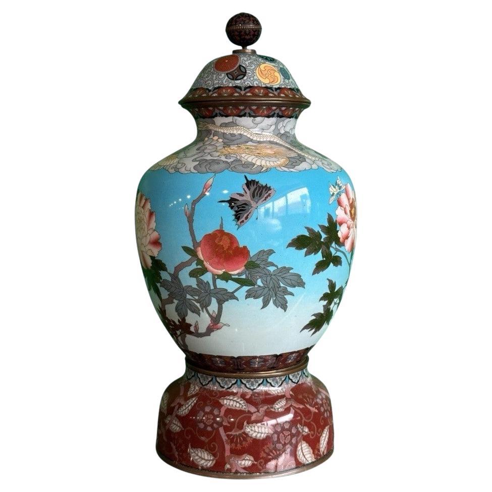 Large Japanese Cloisonne Enamel Lidded Vase Dragons Peonies Butterflies Goto For Sale