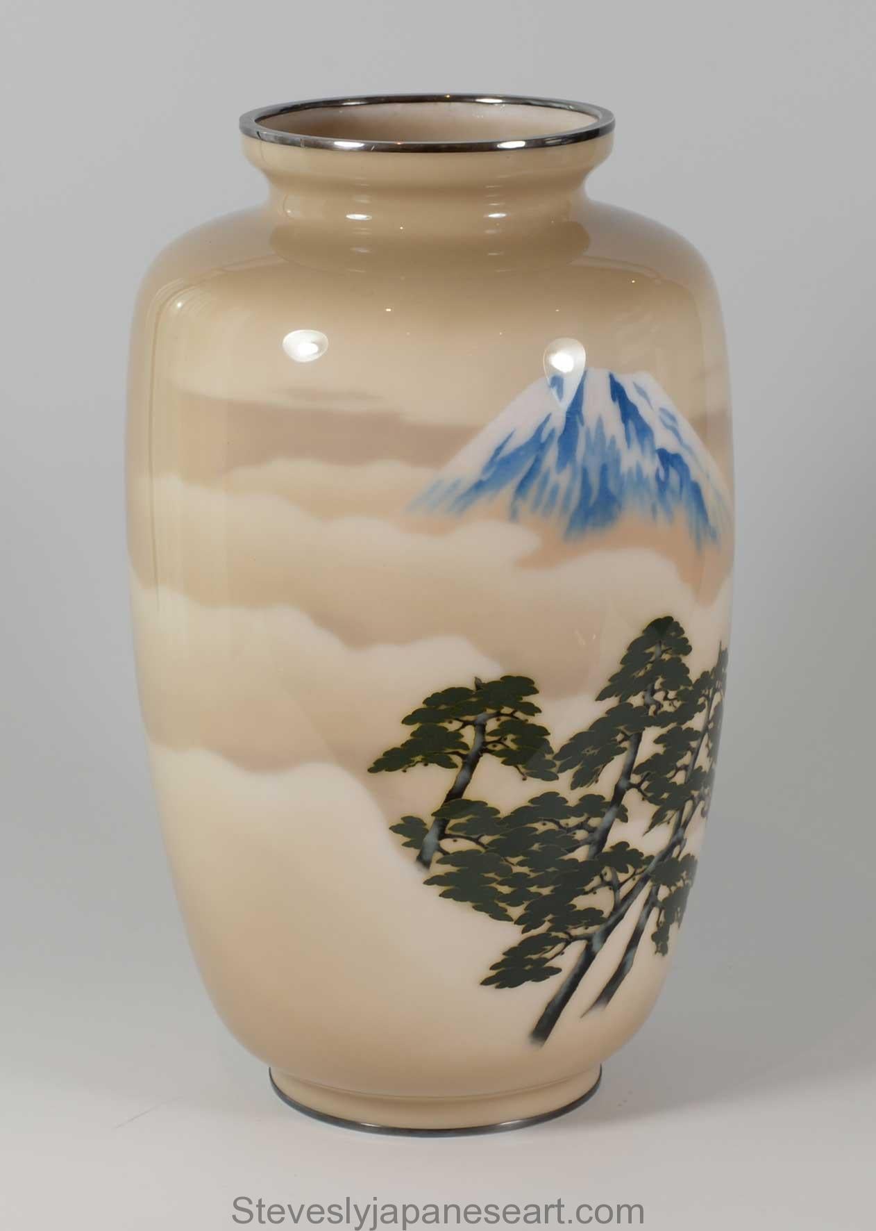 Taisho Grand vase japonais en émail cloisonné - Mt Fuji - Ando Company   en vente