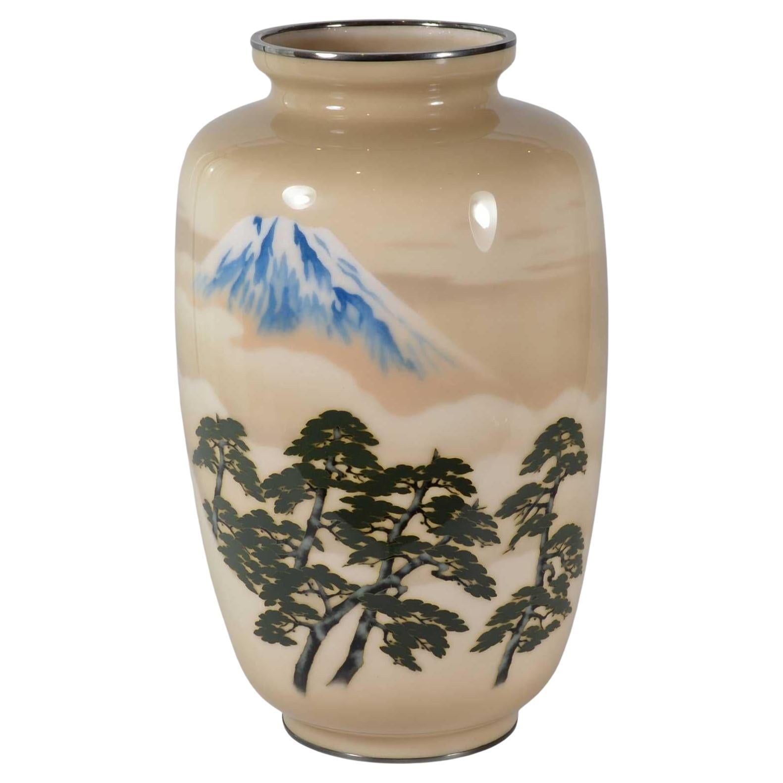 Large Japanese Cloisonne Enamel Vase – Mt Fuji – Ando Company   For Sale