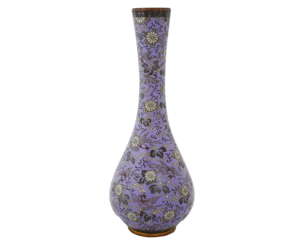 Meiji Large Japanese Cloisonne Lavender Purple Enamel Paulownia and Phoenix Bird Vase For Sale