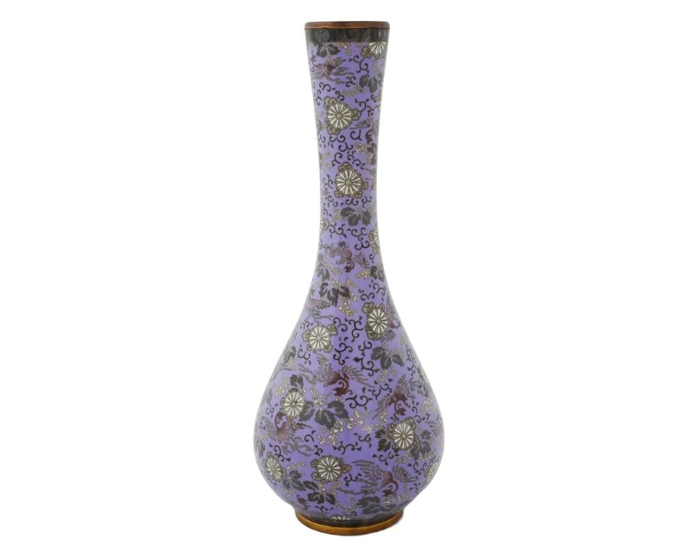 Cloissoné Large Japanese Cloisonne Lavender Purple Enamel Paulownia and Phoenix Bird Vase For Sale