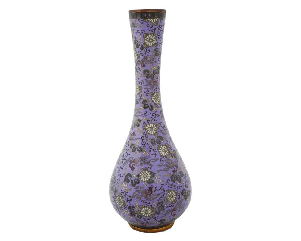 Large Japanese Cloisonne Lavender Purple Enamel Paulownia and Phoenix Bird Vase In Good Condition For Sale In New York, NY