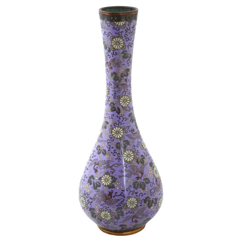Large Japanese Cloisonne Lavender Purple Enamel Paulownia and Phoenix Bird Vase For Sale