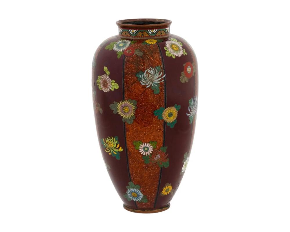 Cloissoné Large Japanese Cloisonne Stripe Vase with Chrysanthemums Namikawa Yasuyuki Meiji For Sale