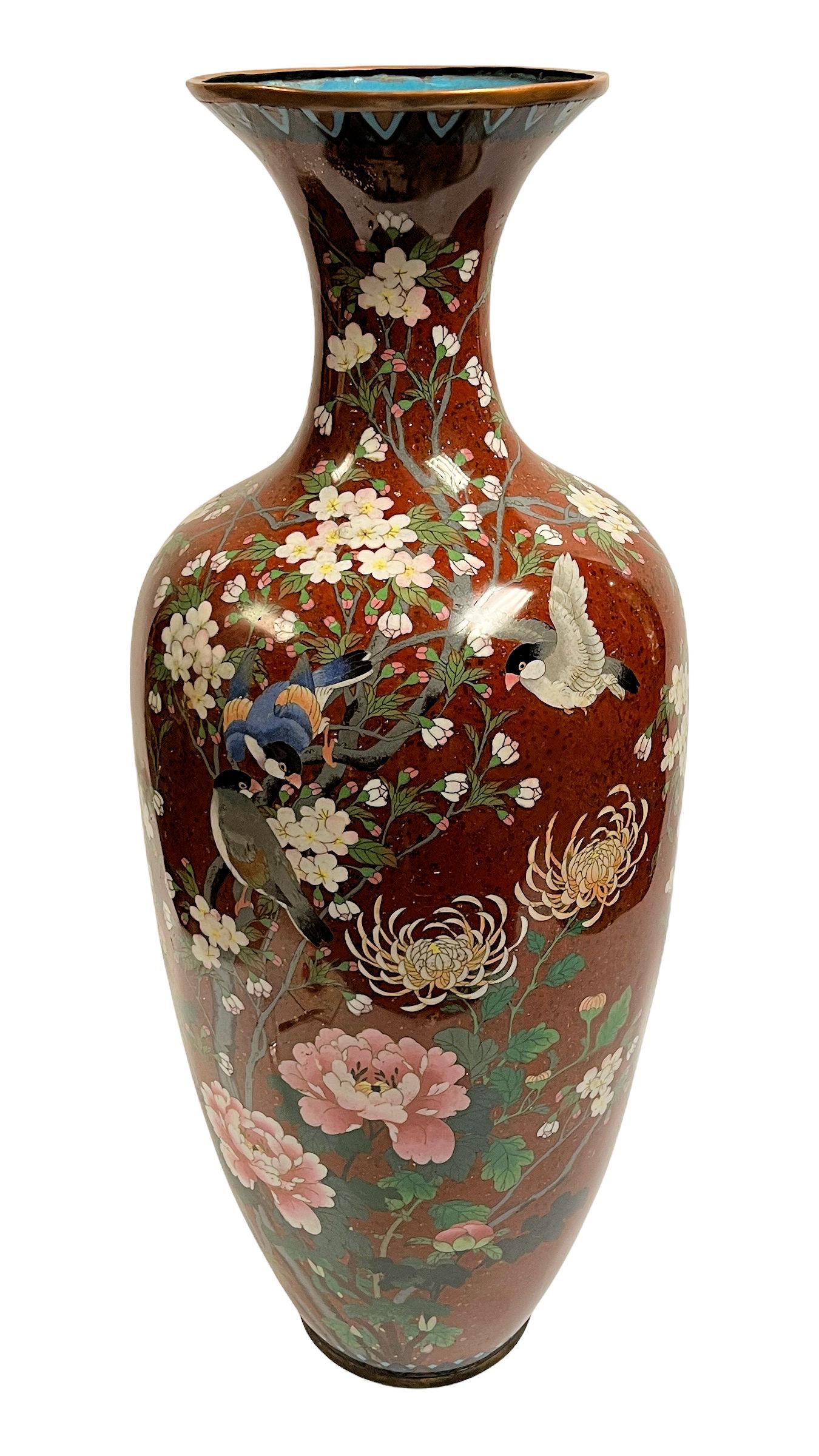 Large Japanese Cloisonne Vase with very nice floral and birds motif.