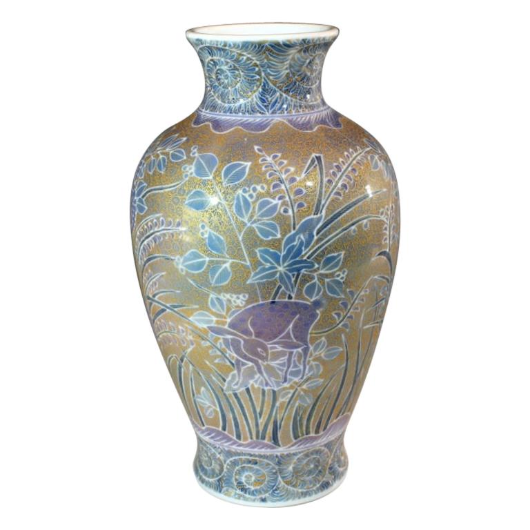 Large Green Blue Gold Porcelain Vase by Japanese Contemporary Master Artist