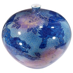Japanese Contemporary Blue Pink Gilded Porcelain Vase by Master Artist
