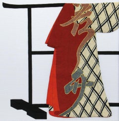 Japanese Contemporary Framed Red Black Silk Brocade Oshie Decorative Art