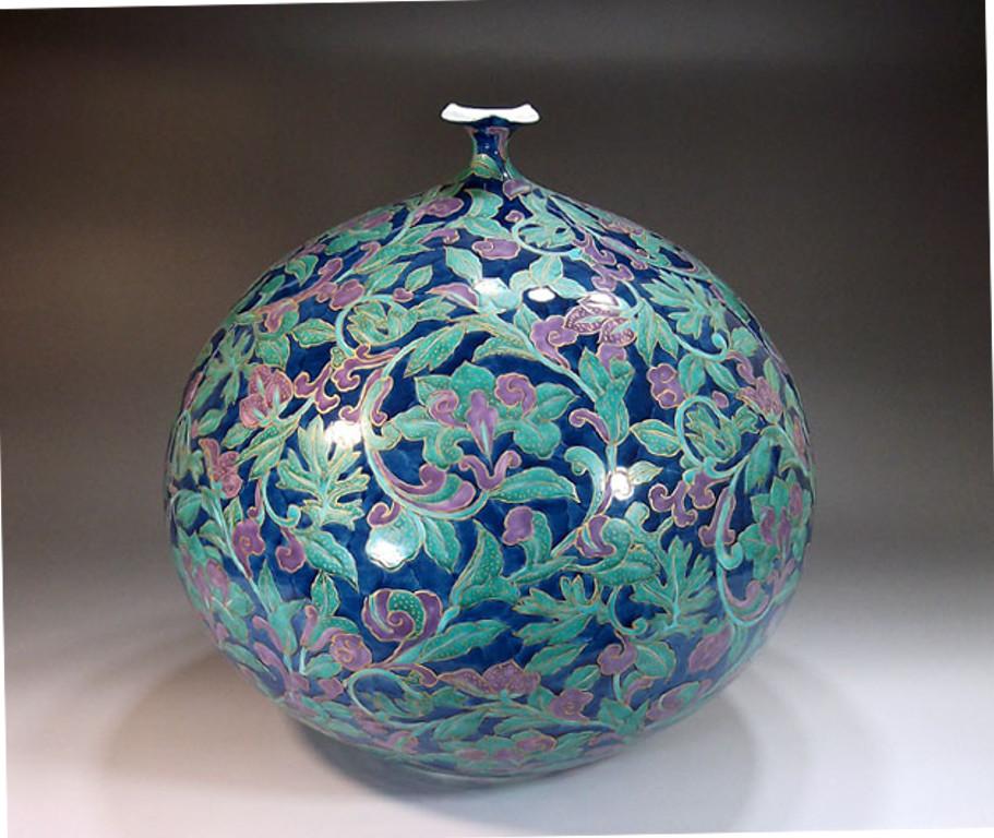 Gilt Large Japanese Contemporary Green Purple Blue Porcelain Vase by Master Artist For Sale