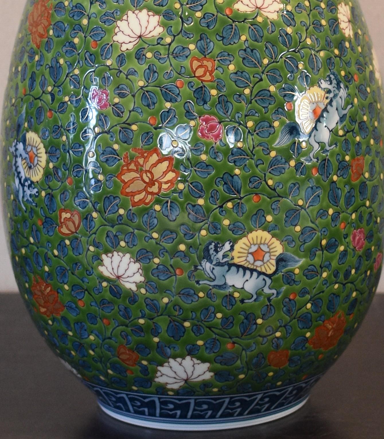 Hand-Painted Large Japanese Contemporary Green Imari Porcelain Vase by Master Artist