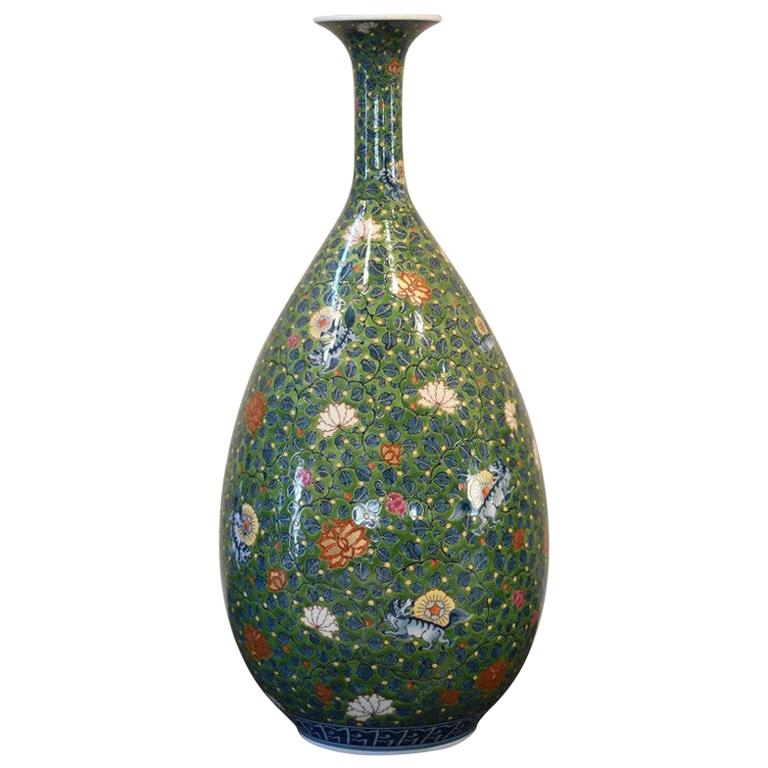 Large Japanese Contemporary Green Imari Porcelain Vase by Master Artist