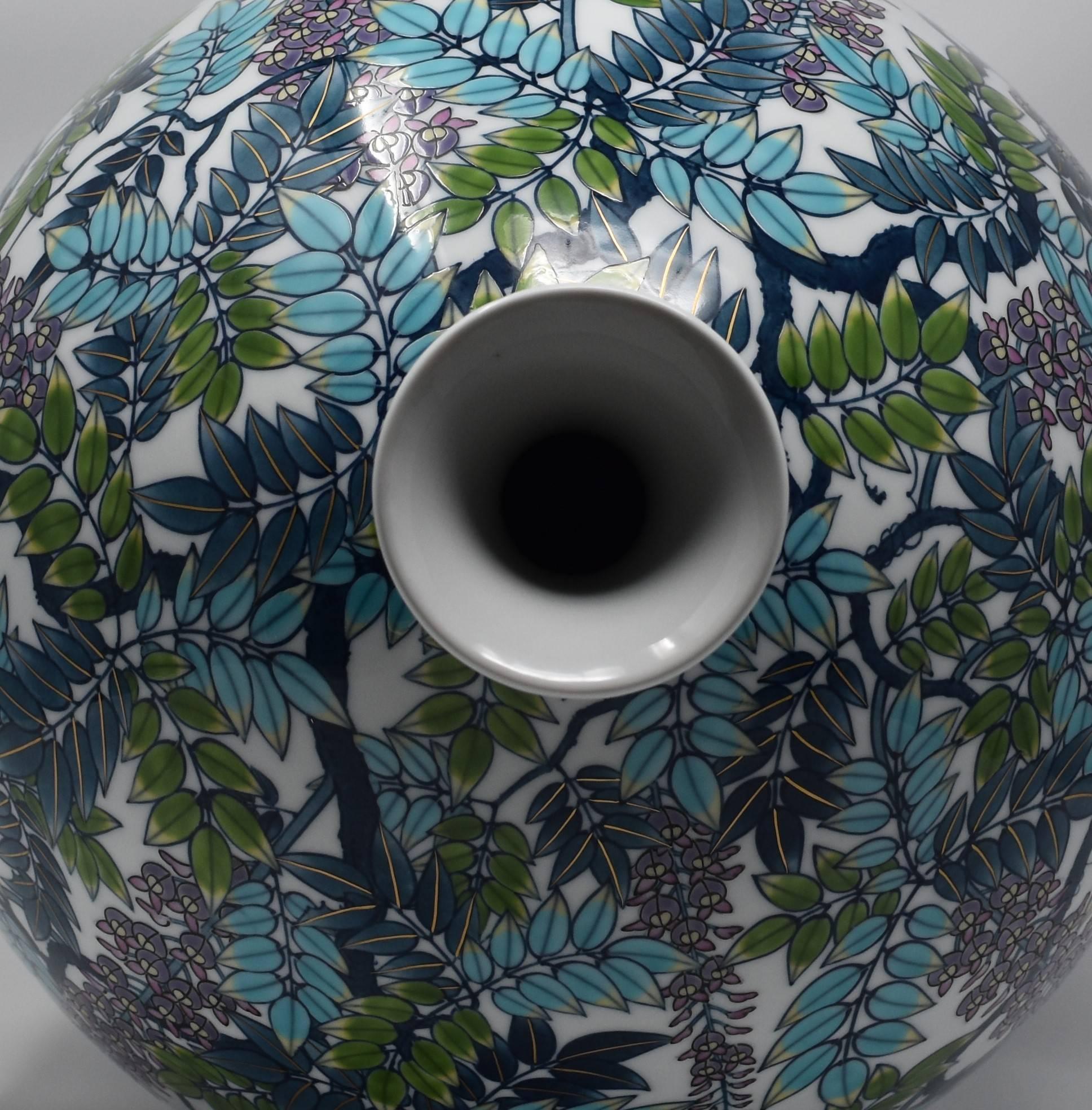 Meiji Japanese Contemporary Blue Purple Green Porcelain Vase by Master Artist For Sale