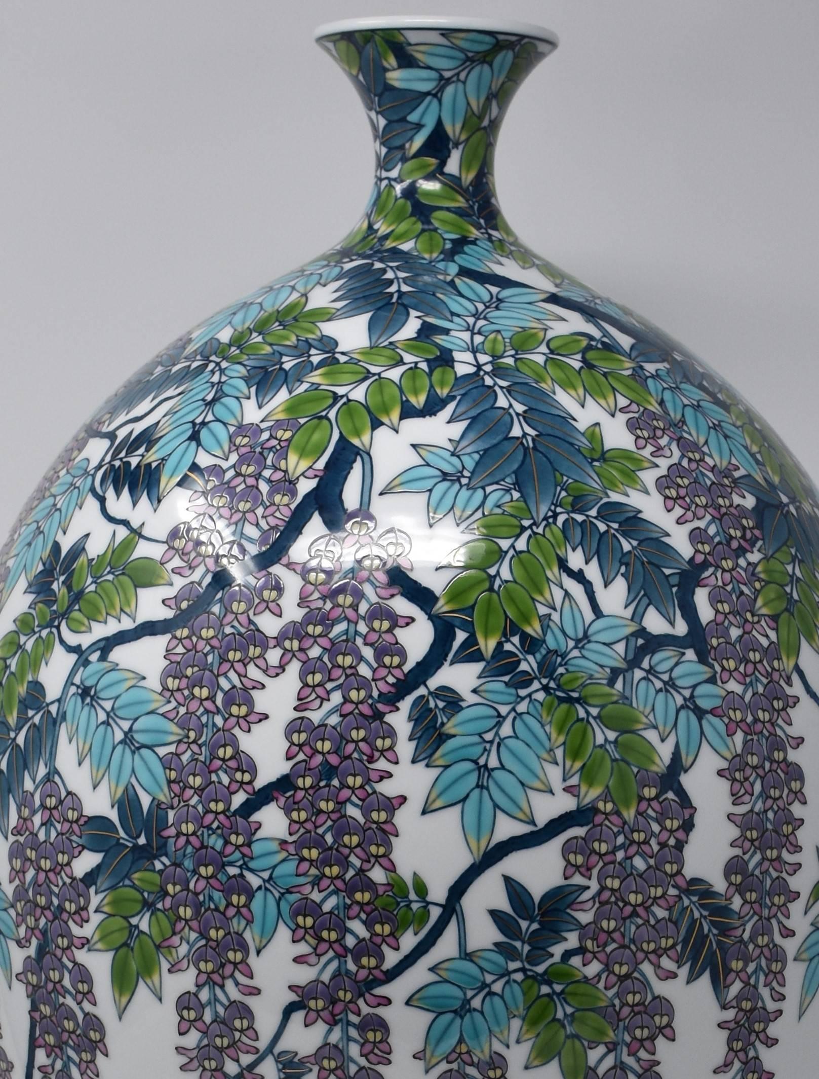 Hand-Painted Japanese Contemporary Blue Purple Green Porcelain Vase by Master Artist For Sale