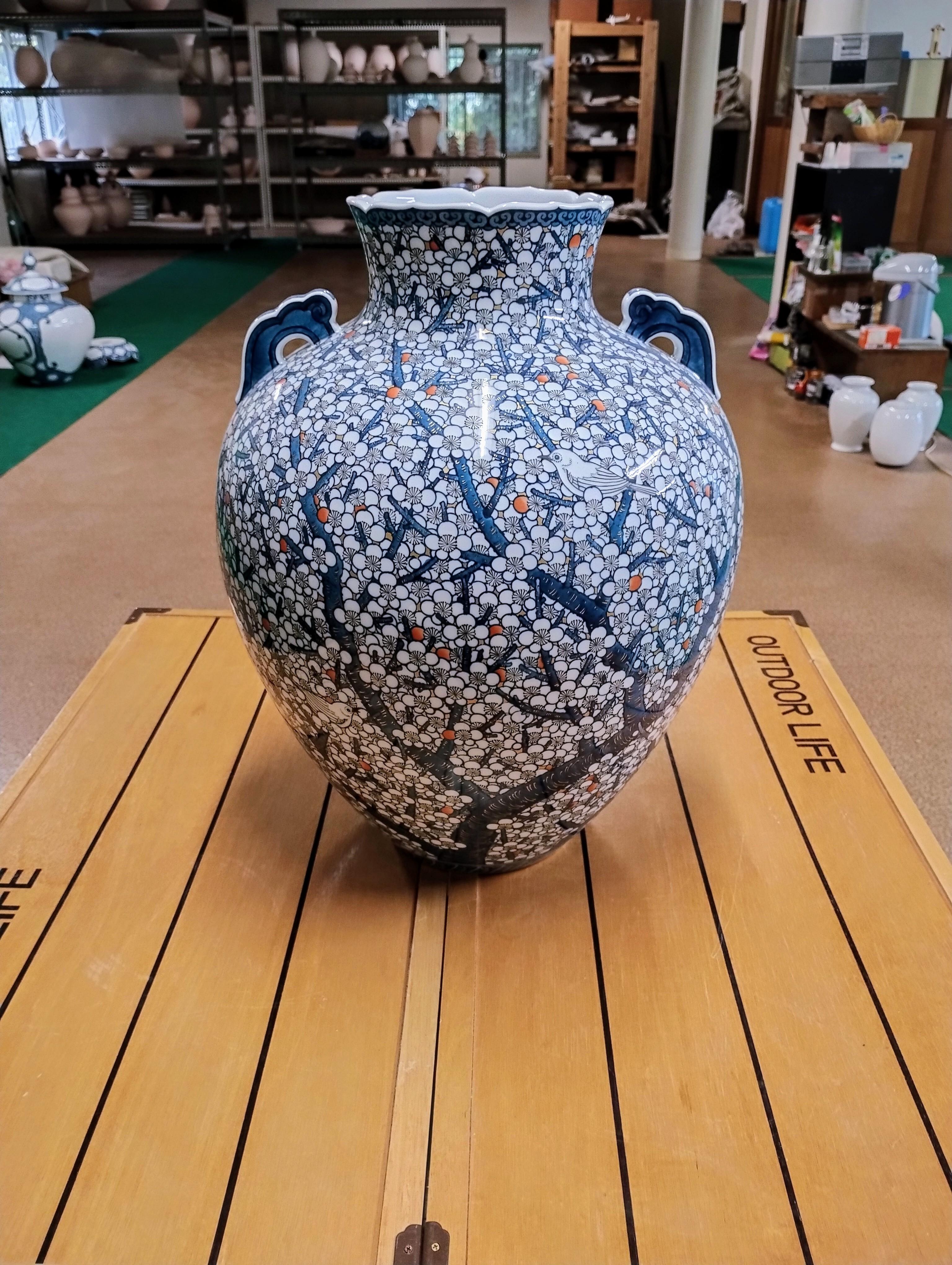 Meiji Large Japanese Contemporary Porcelain Vase Blue White by Master Artist, 3 For Sale