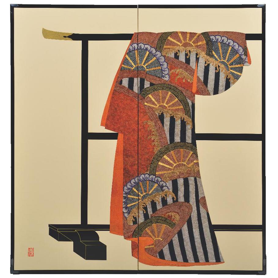 Large Japanese Contemporary Red Black Gilded Folding Screen, Raised Silk Brocade