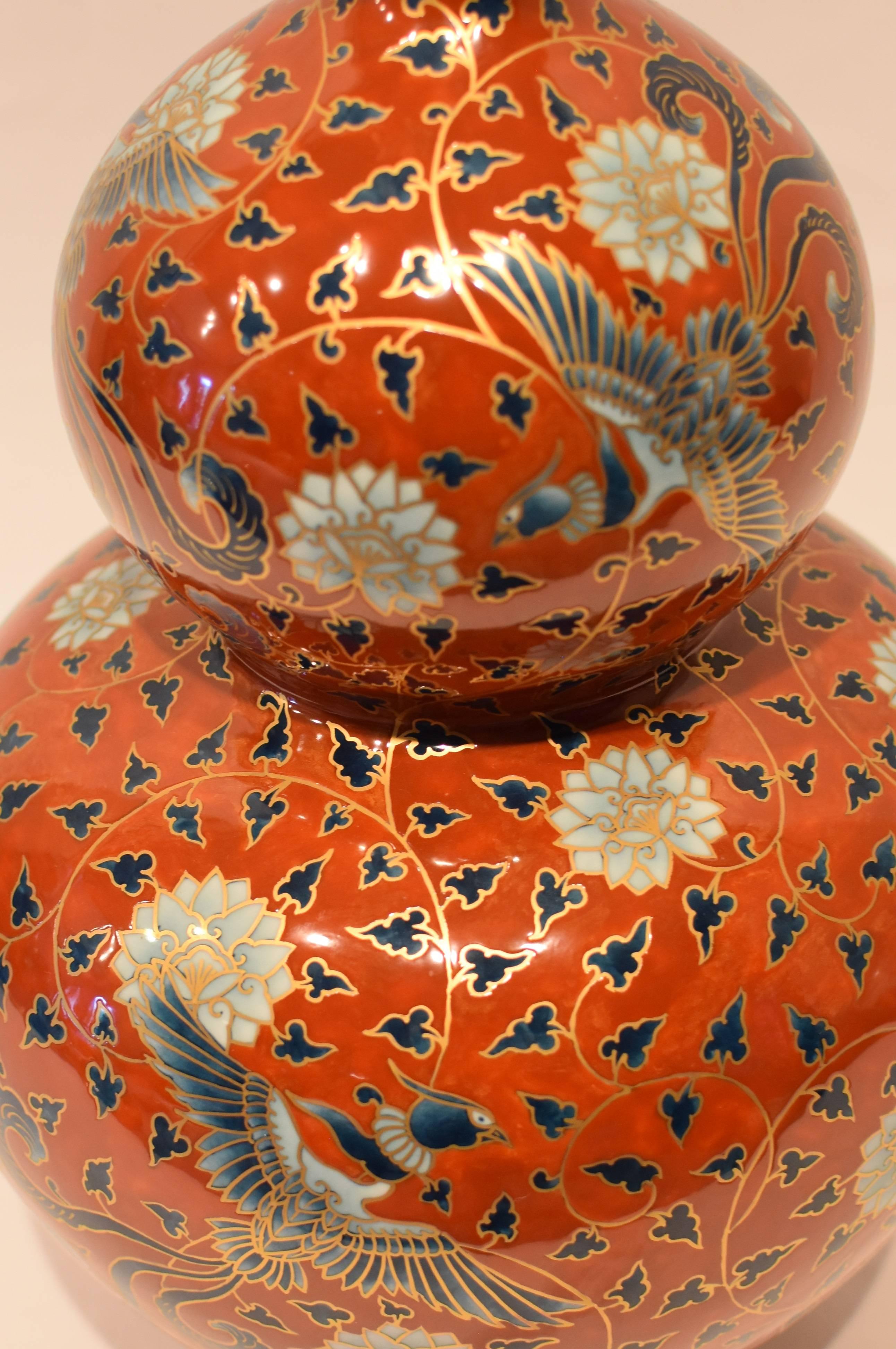 Gold Large Japanese Contemporary Red Gilded Imari Porcelain Vase by Master Artist