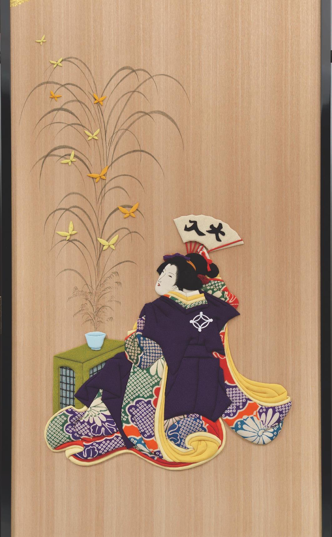 A genre painting of the Edo period has been reproduced in an oshie raised picture technique, using antique fabrics. With a base of wood, this unique folding screen has been finished in a way that makes it the focal point in any setting. It is a