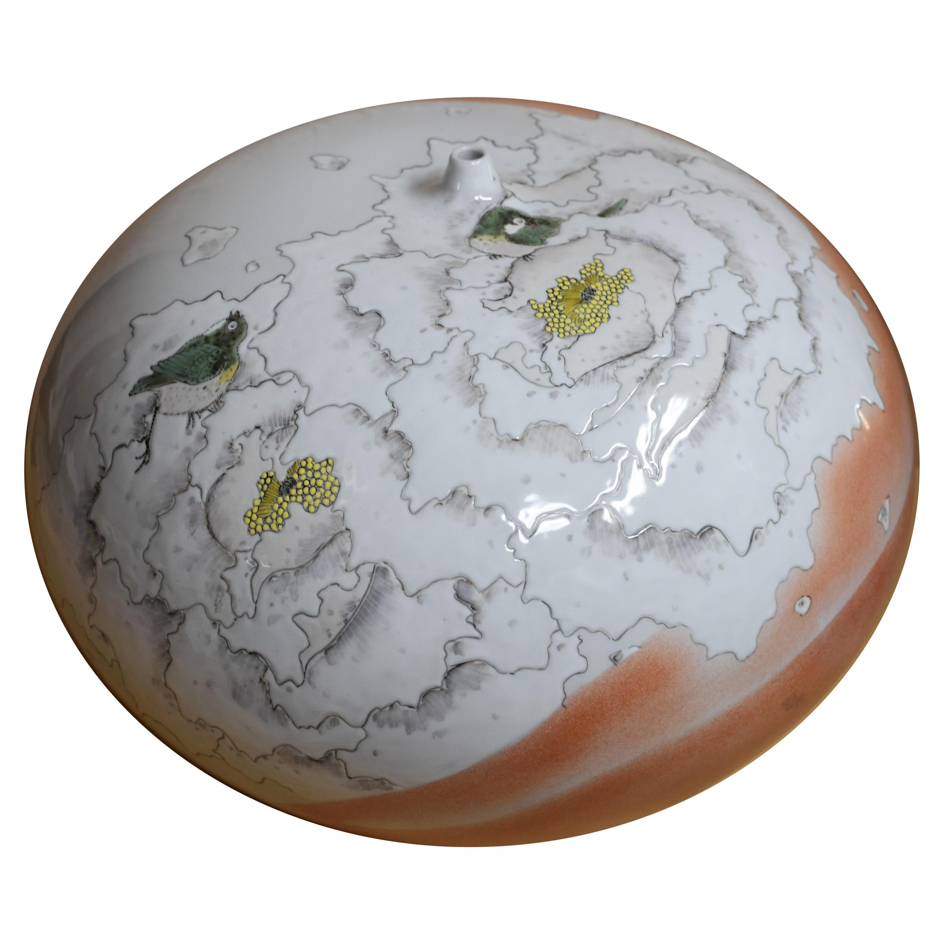 Meiji Japanese Orange Cream  Porcelain Vase by Master Artist, 2 For Sale