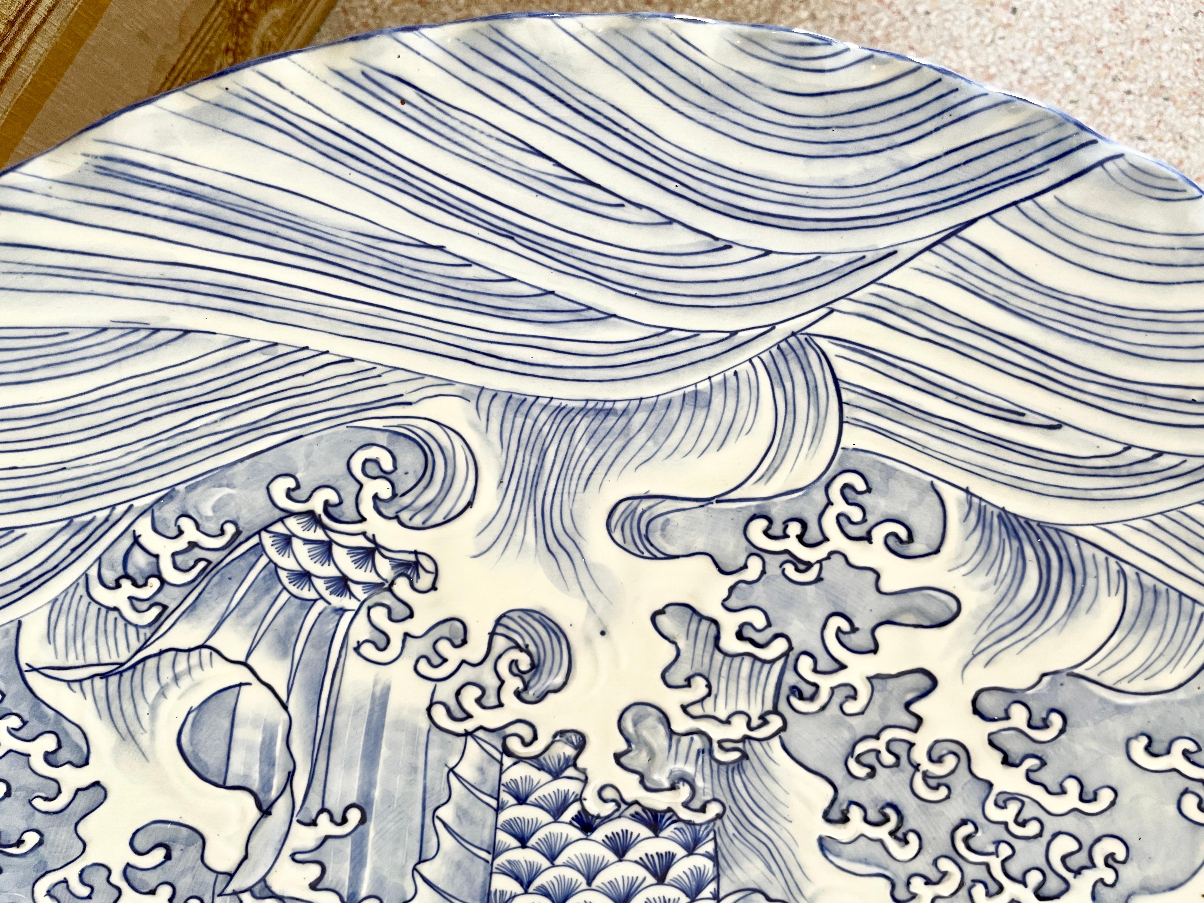 Large Japanese Decorative Blue and White Serving Platter For Sale at