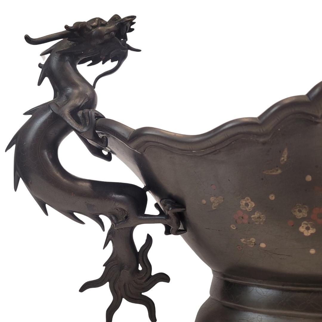 Meiji Large Japanese Dragons  centerpiece, in bronze, flat shakudo silver inlays