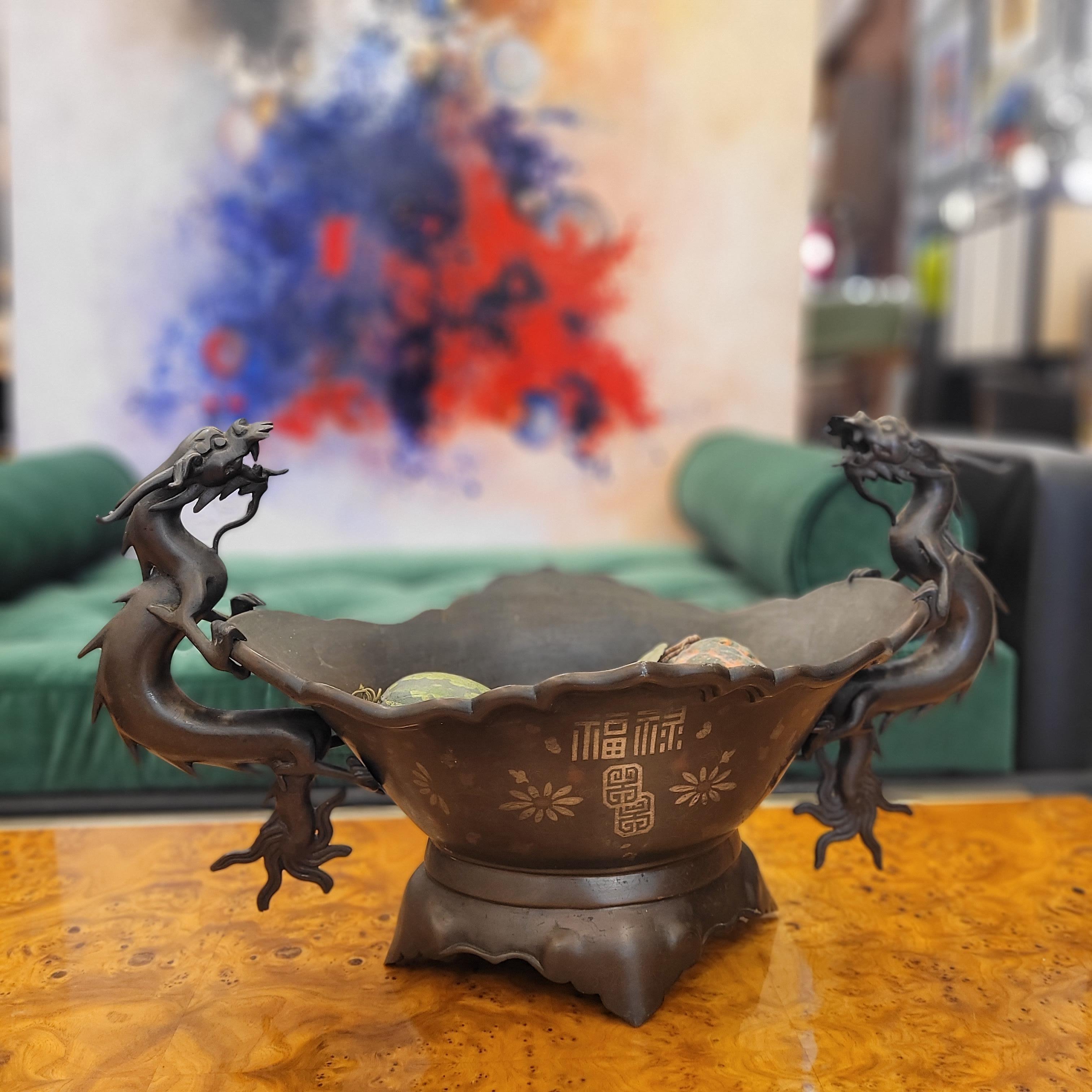 Hand-Crafted Large Japanese Dragons  centerpiece, in bronze, flat shakudo silver inlays