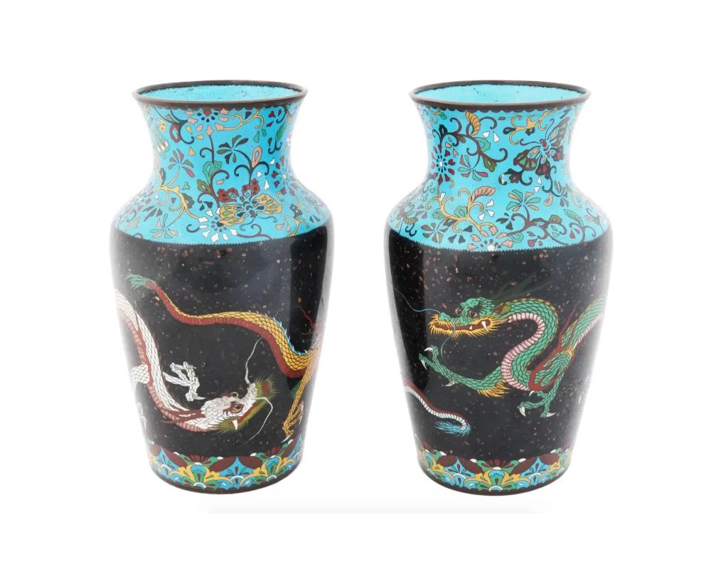 Cloissoné Large Pair of Japanese Cloisonne Enamel Goldstone Double Dragon Vases