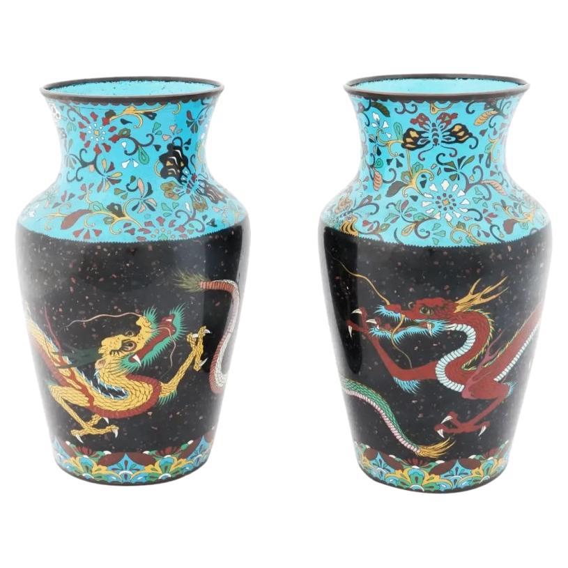 Large Pair of Japanese Cloisonne Enamel Goldstone Double Dragon Vases