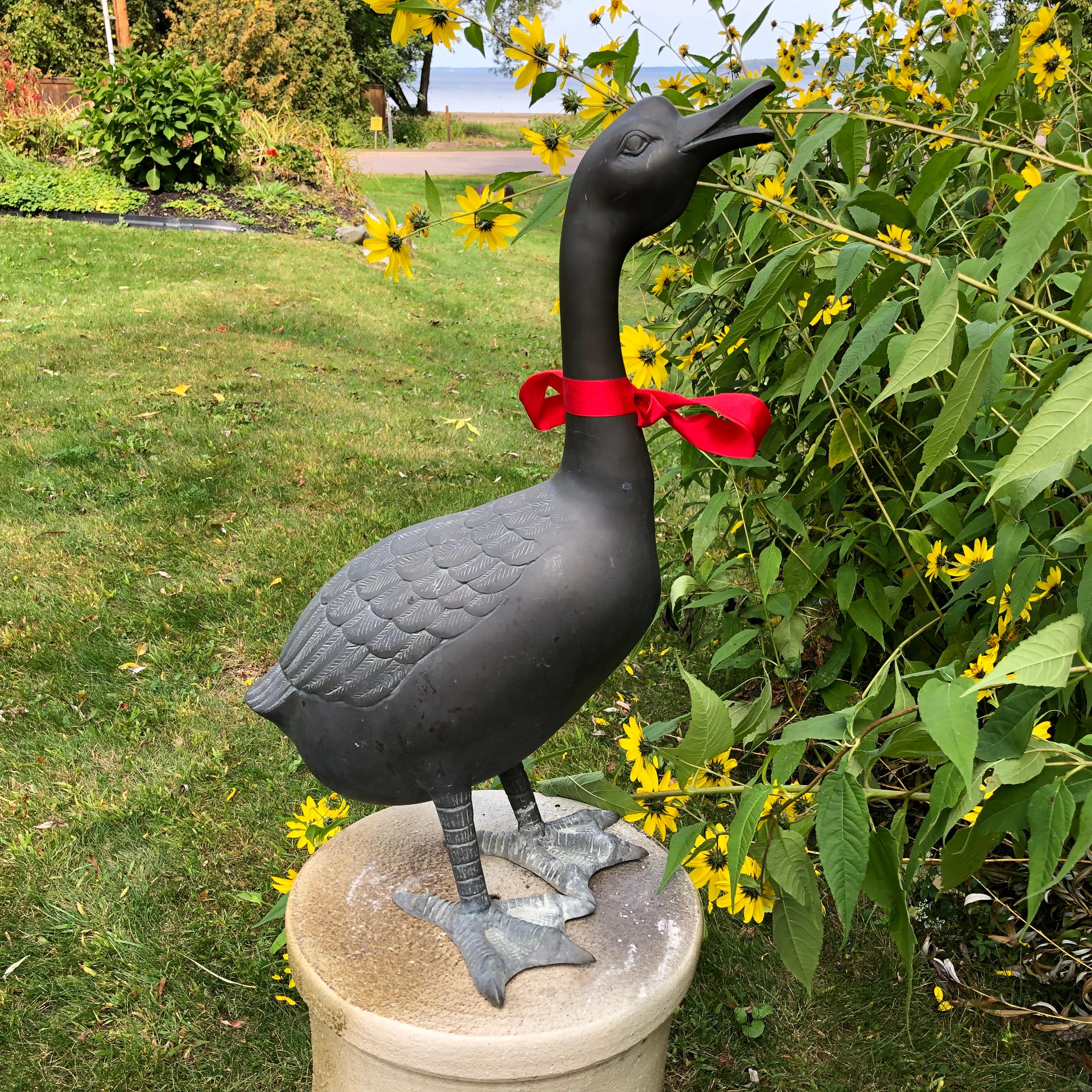 This wonderful large vintage Japanese hand caste solid bronze duck or goose could be the center piece or prime accent in your garden.

Finely hand cast, it boasts a handsome Verdigris patina.

Its body is sleek and head is beautifully fashioned- a