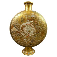 Used Large Exceptional Japanese Ceramic Moriage Moon Flask Vase Meiji Kinkozan