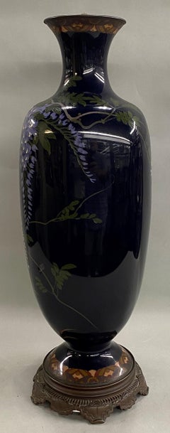 Large Japanese Foliate & Bird Decorated Cloisonne Vase with Brass Base