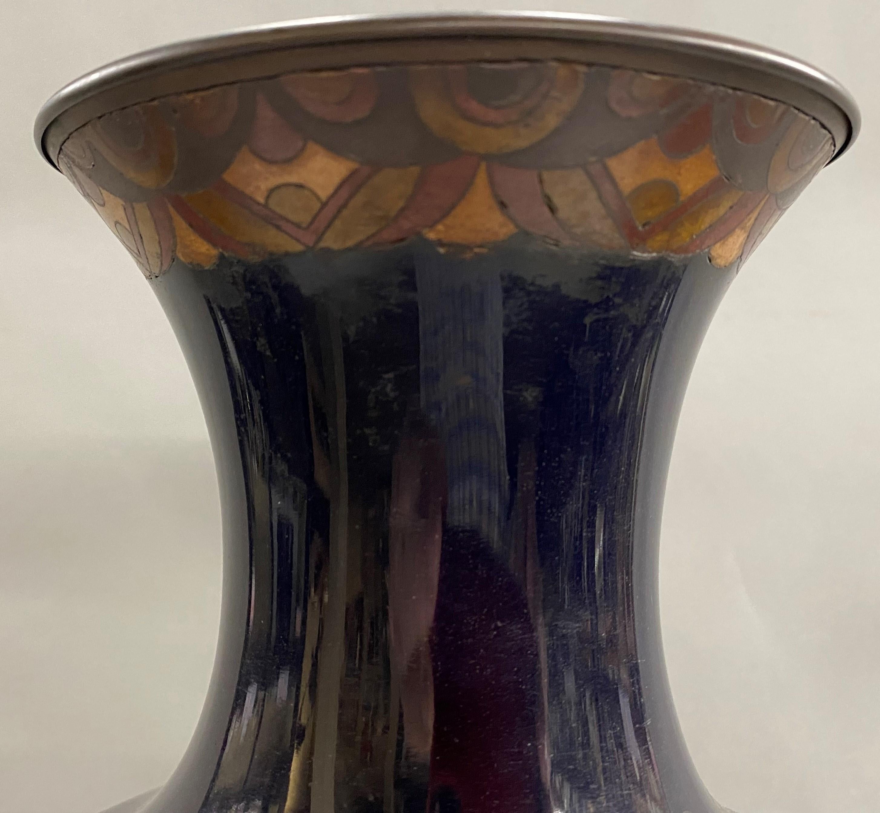 Cloissoné Large Japanese Foliate & Bird Decorated Cloisonne Vase with Brass Base For Sale