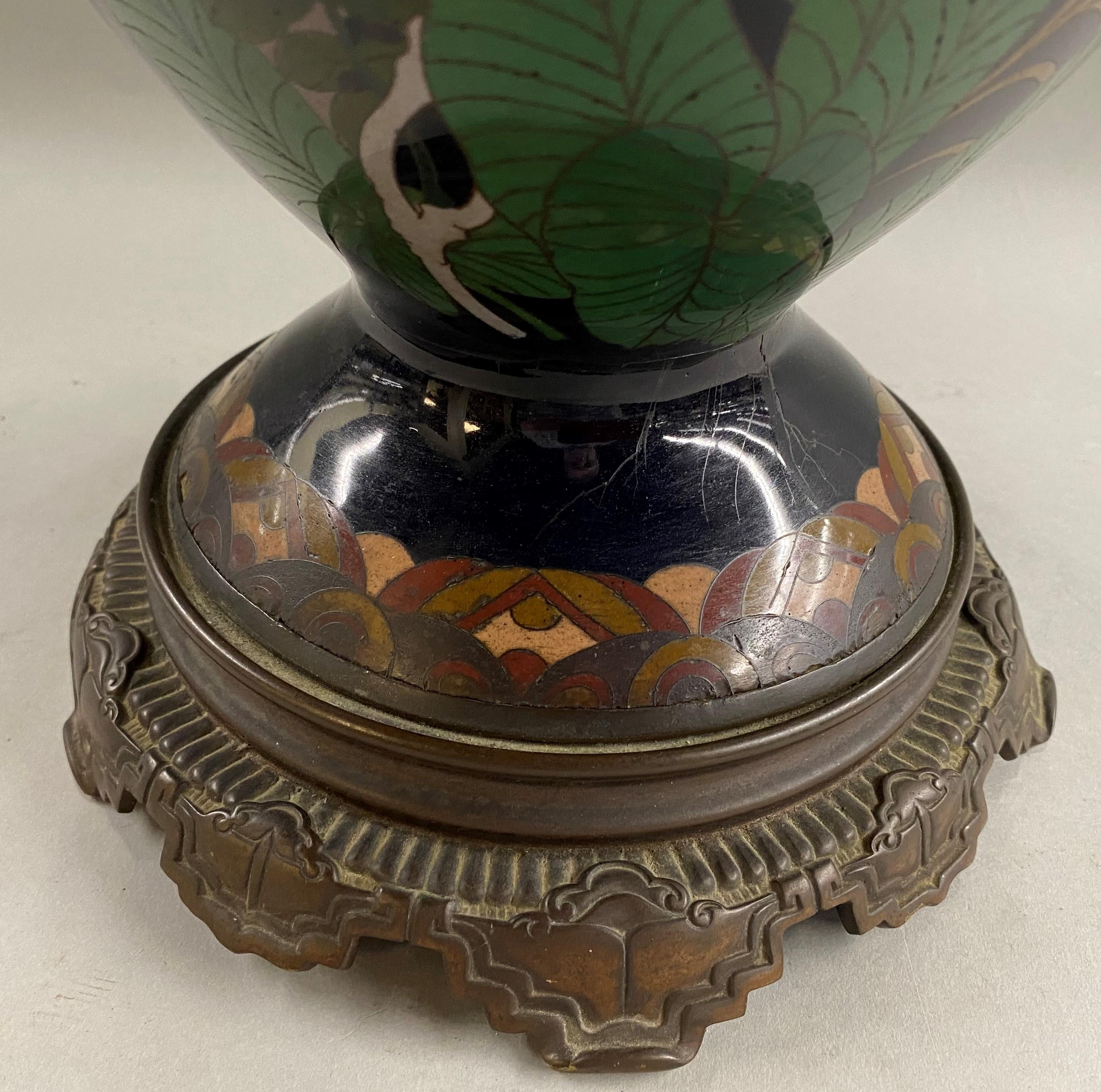 19th Century Large Japanese Foliate & Bird Decorated Cloisonne Vase with Brass Base For Sale