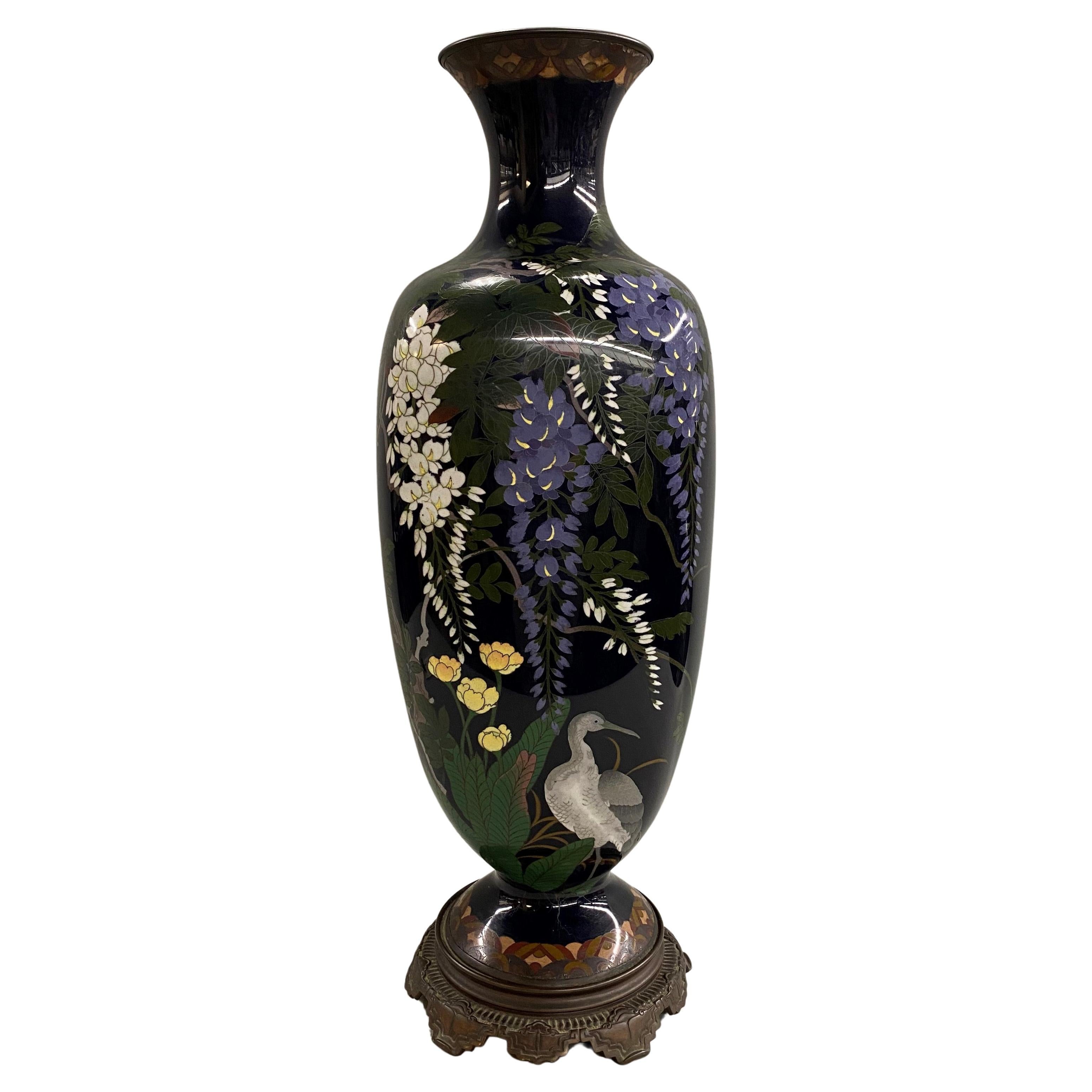 Large Japanese Foliate & Bird Decorated Cloisonne Vase with Brass Base