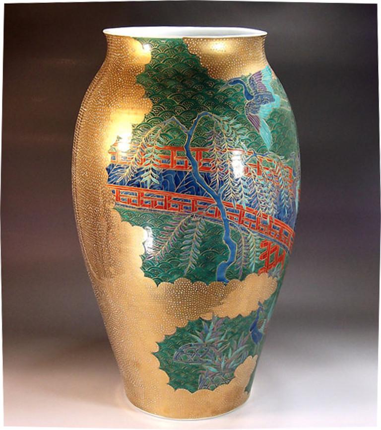 Hand-Painted Contemporary Japanese Porcelain Vase Blue Red Green Gold by Master Artist