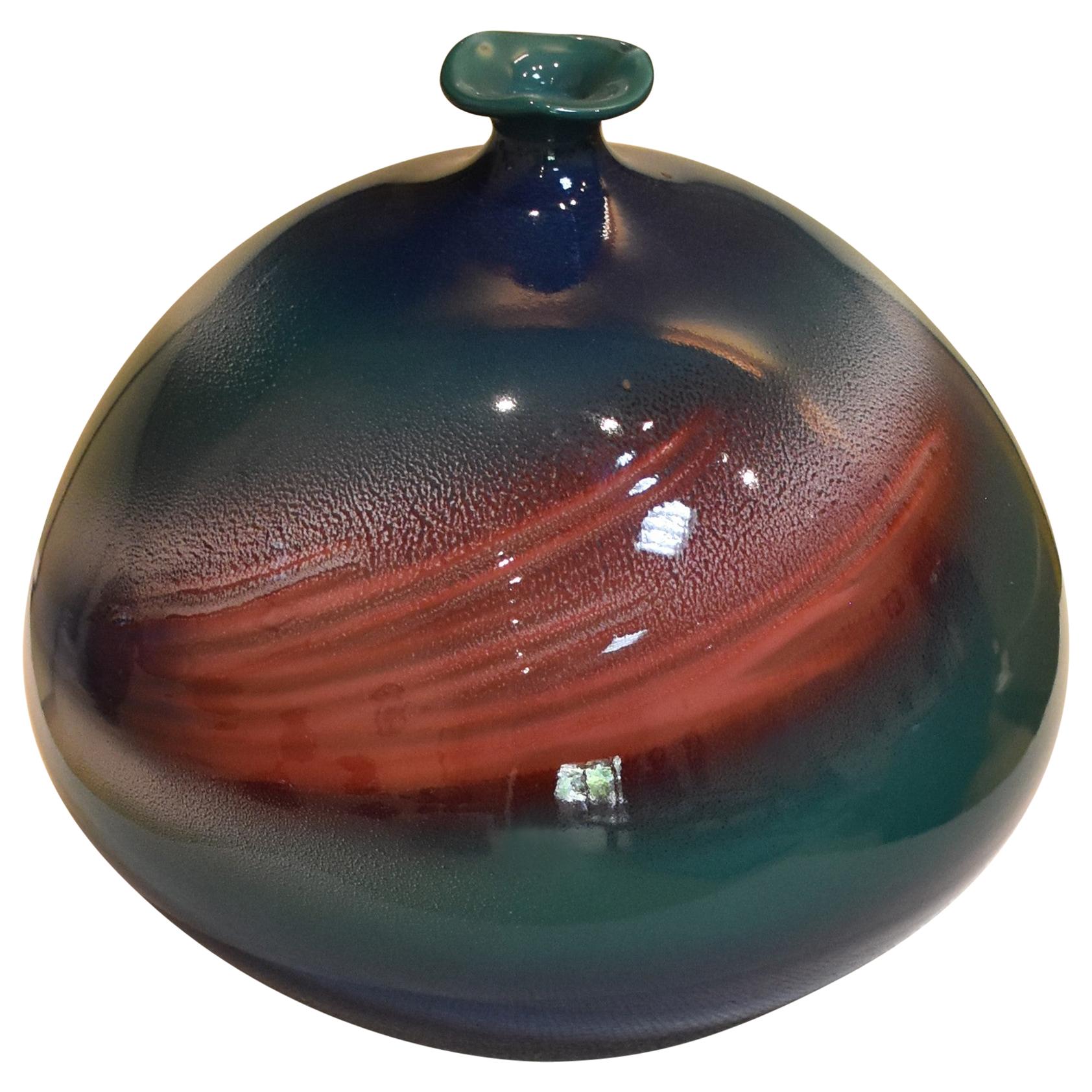 Japanese Contemporary Green Red Blue Hand Glazed Porcelain Vase by Master Artist For Sale