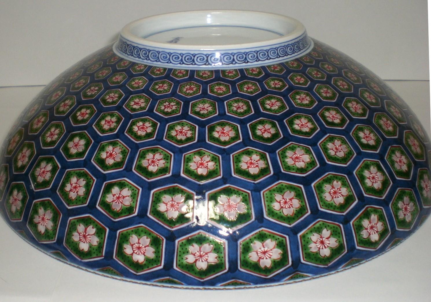 Hand-Painted Large Japanese Green Blue Porcelain Centerpiece by Master Artist, 1931-2009