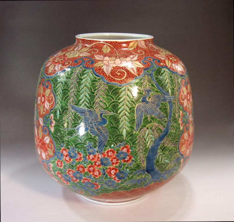 Hand-Painted Large Japanese Blue Green Red Porcelain Vase by Contemporary Master Artist For Sale