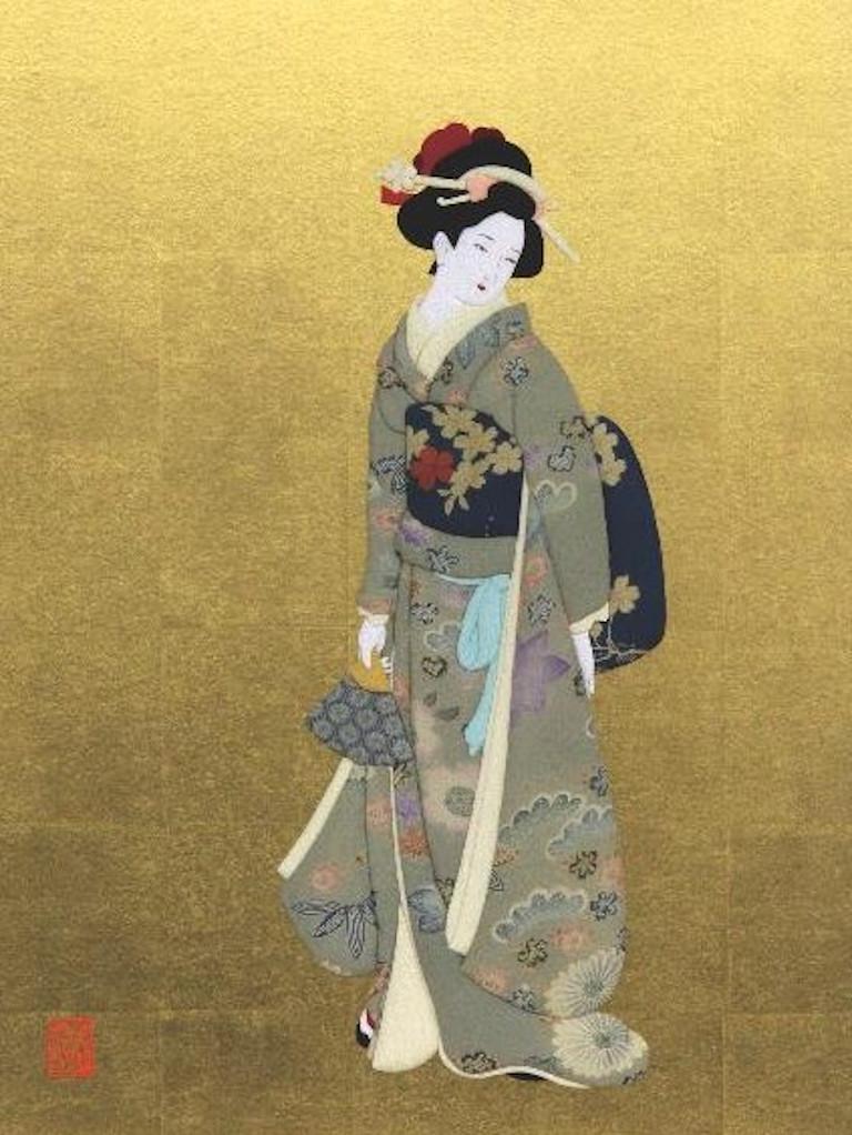 Unique large Japanese contemporary framed three-dimensional decorative art piece in Japanese traditional silk and brocade in soft green and black on gold, recreating an 18th century 