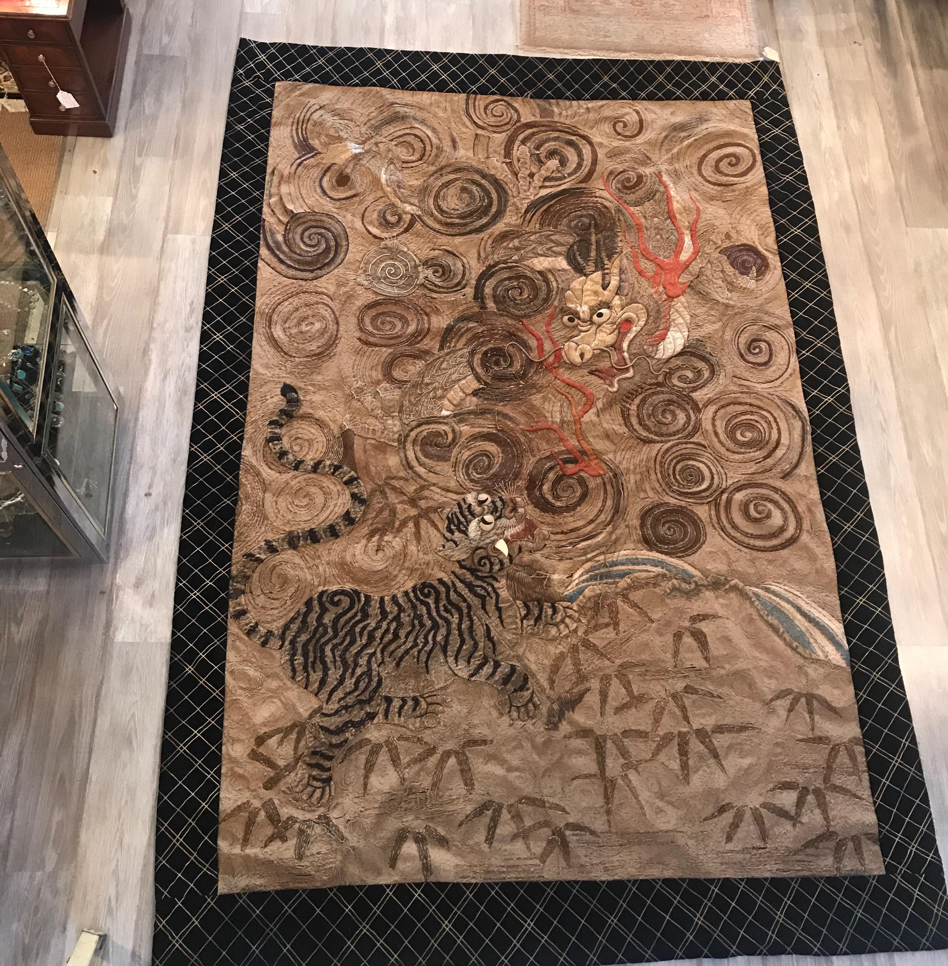 Large Japanese Hand Needlework Tapestry, Meiji Period, 1880 In Good Condition In Lambertville, NJ