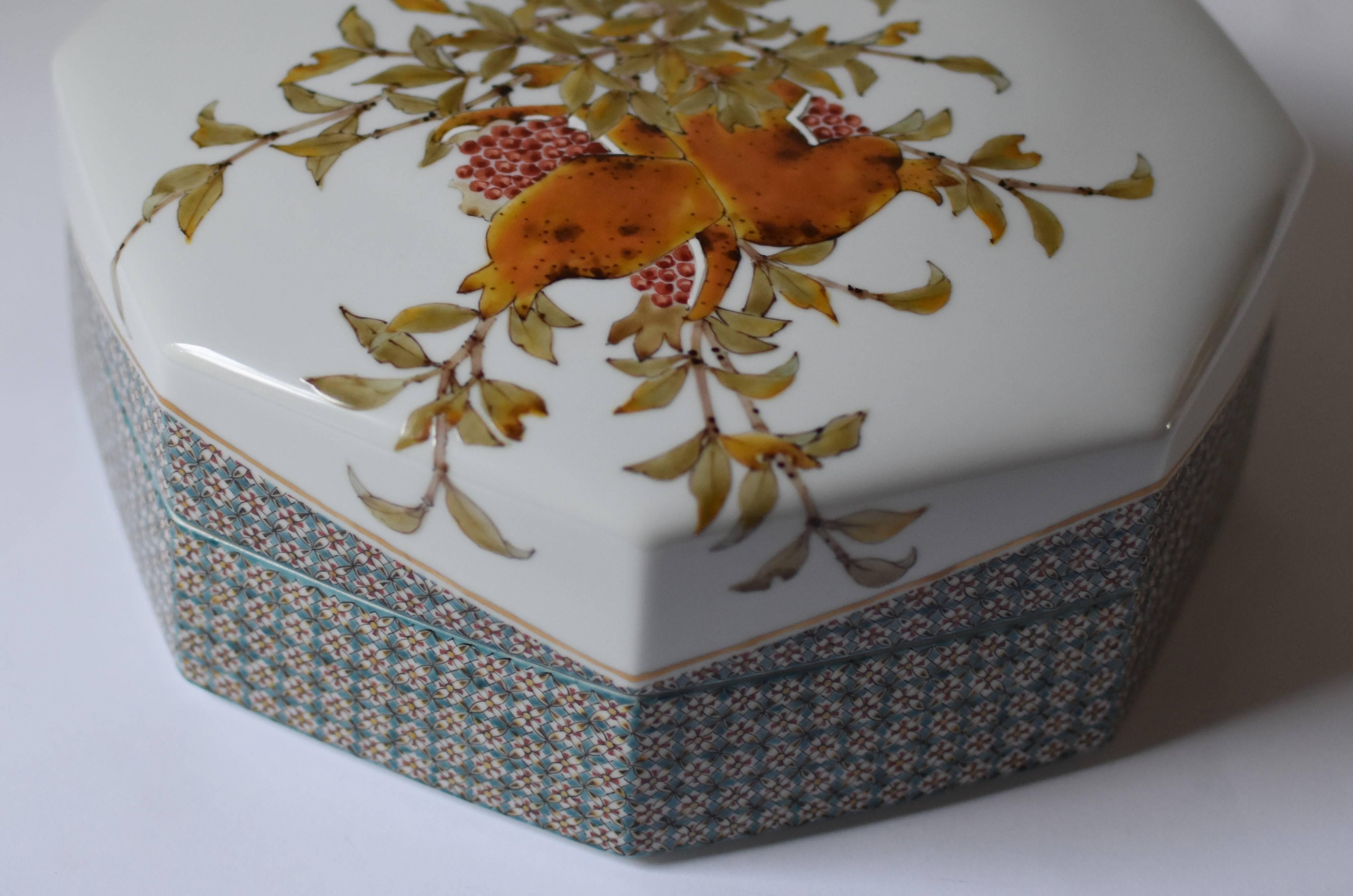 Hand-Painted Japanese Contemporary Orange Blue Green Porcelain Box by Master Artist For Sale