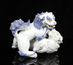 Large Japanese Hirado Porcelain Blue & White Shi Shi Dog Group, Meiji Period