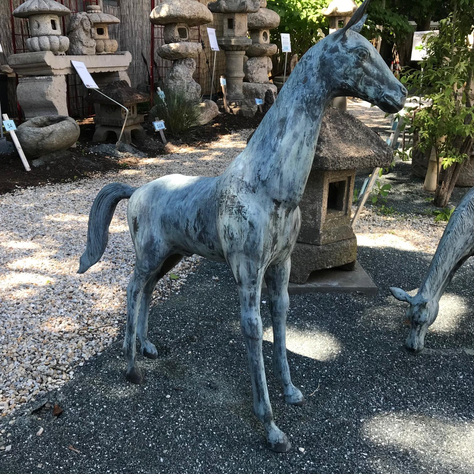 This wonderful pair of tall Japanese hand caste solid bronze horses could be the centrepiece or prime accents in your garden.

Finely hand cast, each boasts a handsome Verdigris patina.

Their bodies are sleek and their faces are beautifully