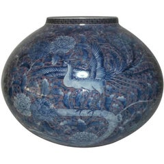 Large Japanese Imari Blue Contemporary Porcelain Vase by Master Artist