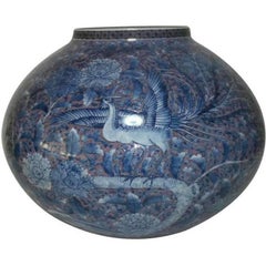 Large Japanese Imari Blue Contemporary Porcelain Vase by Master Artist