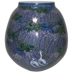 Large Japanese Imari Blue Decorative Porcelain Vase by Master Artist