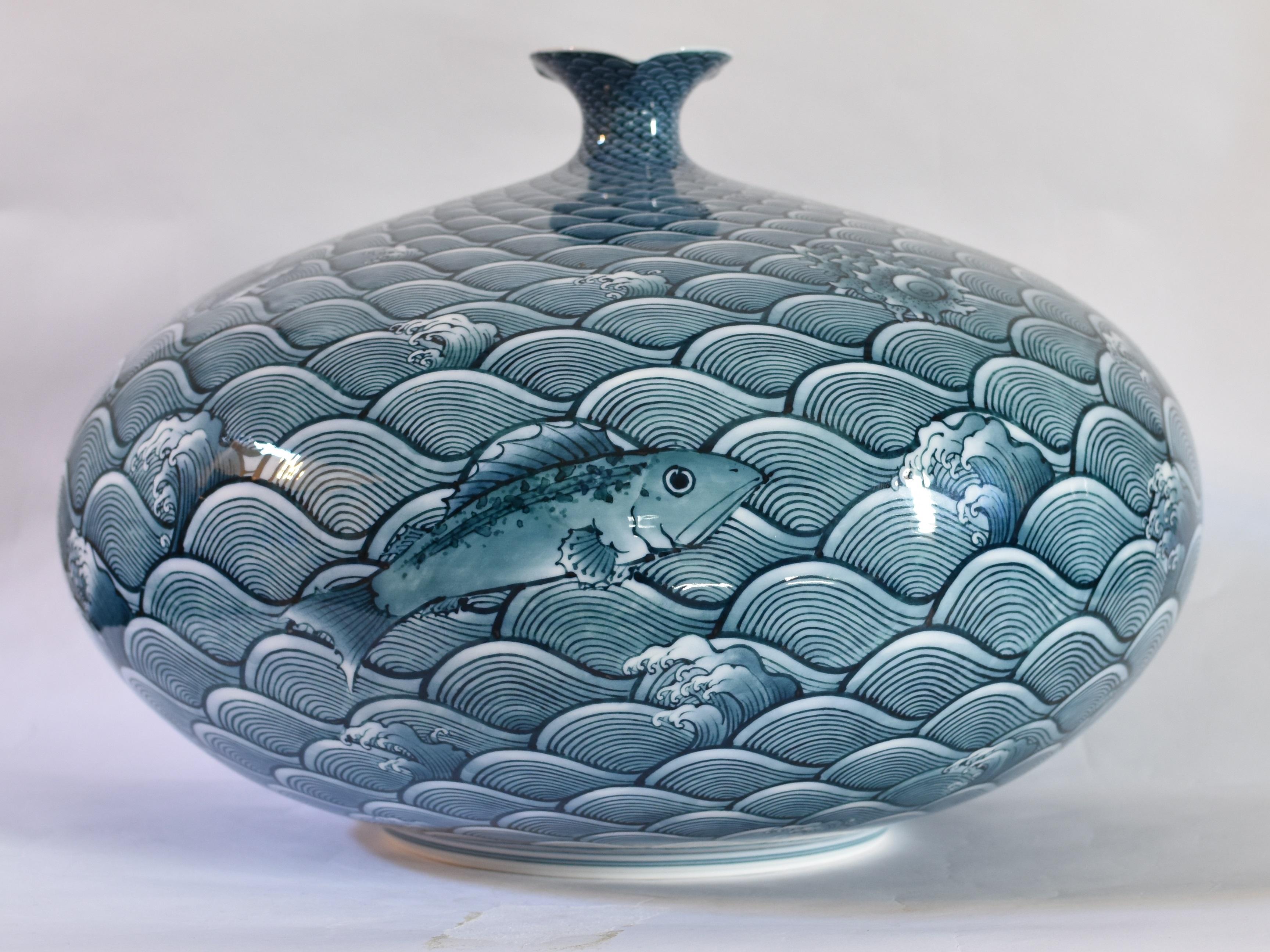 Large Japanese Imari Blue Hand-Painted Porcelain Vase by Master Artist 4