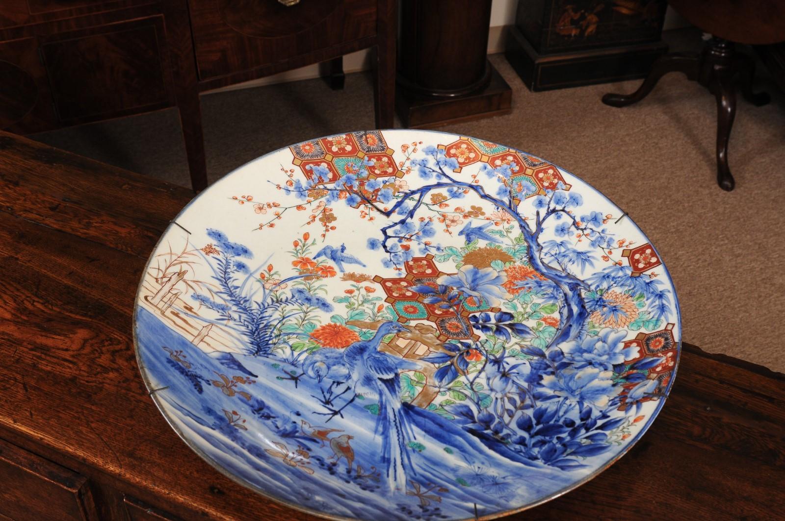 Porcelain Large Japanese Imari Charger with Bird Design, ca. 1850 For Sale