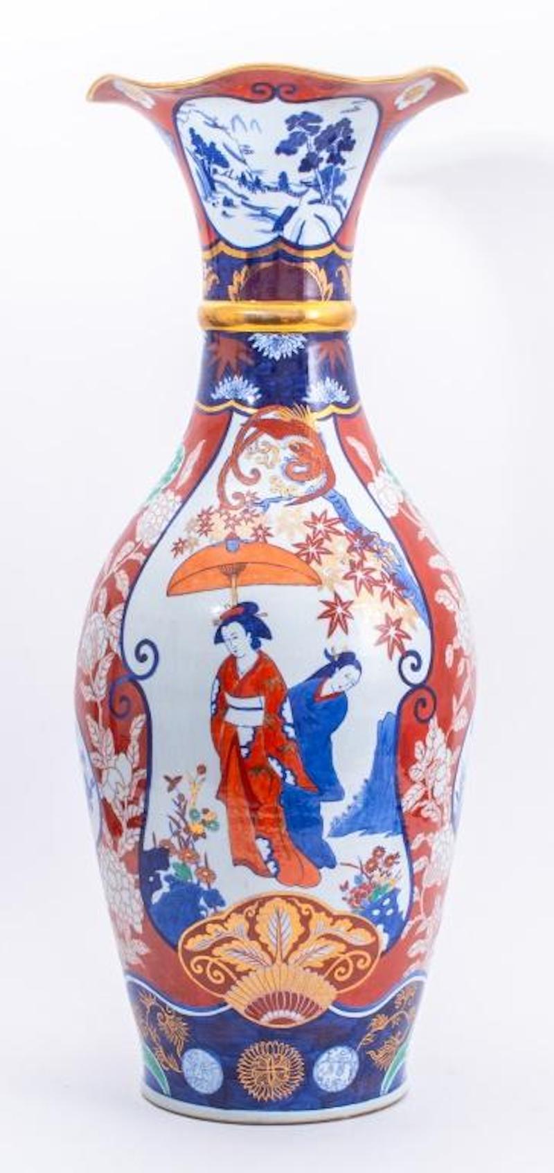 Large Japanese Imari Porcelain Trumpet Neck Floor Vase For Sale 6
