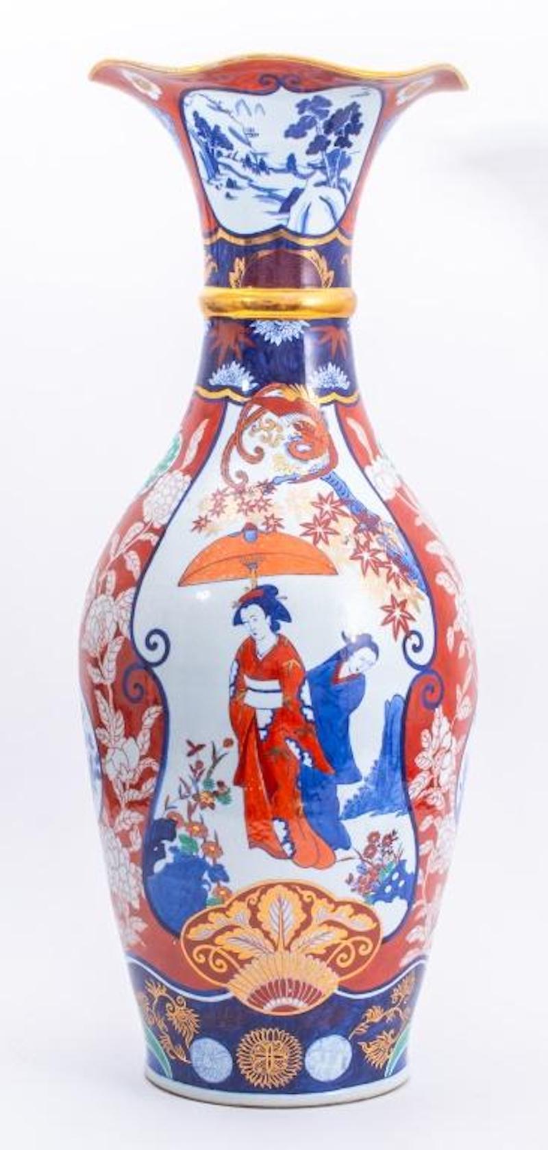 Meiji Large Japanese Imari Porcelain Trumpet Neck Floor Vase For Sale