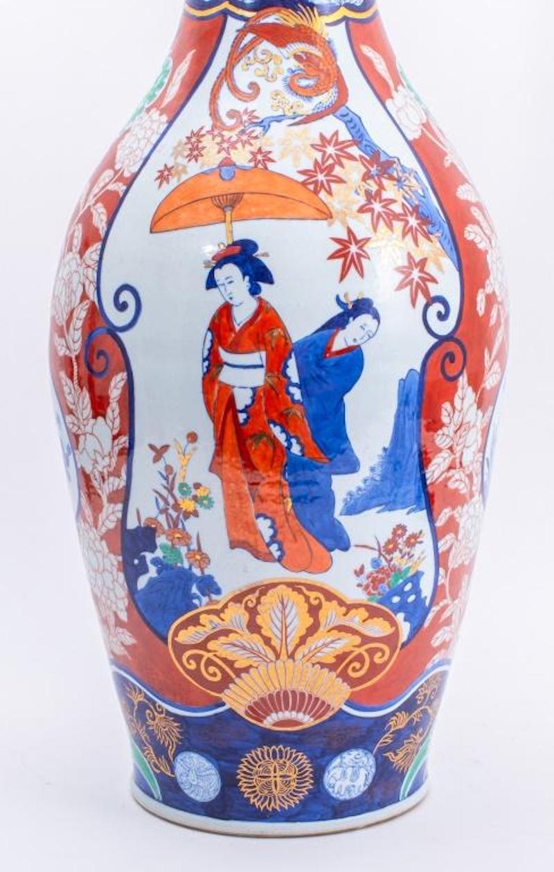 Gilt Large Japanese Imari Porcelain Trumpet Neck Floor Vase For Sale